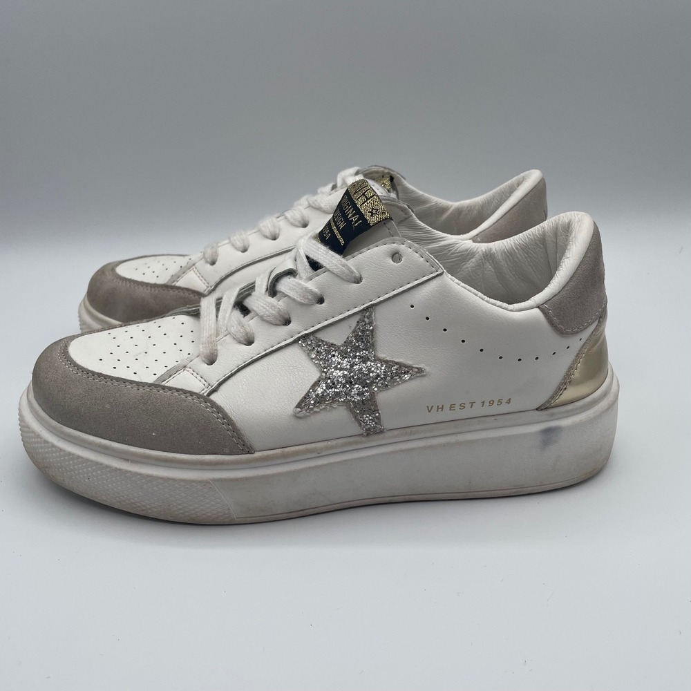 GUC Vintage Havana White Leather Silver Glitter Star Platform Sneakers Womens 7 - Picture 3 of 10
